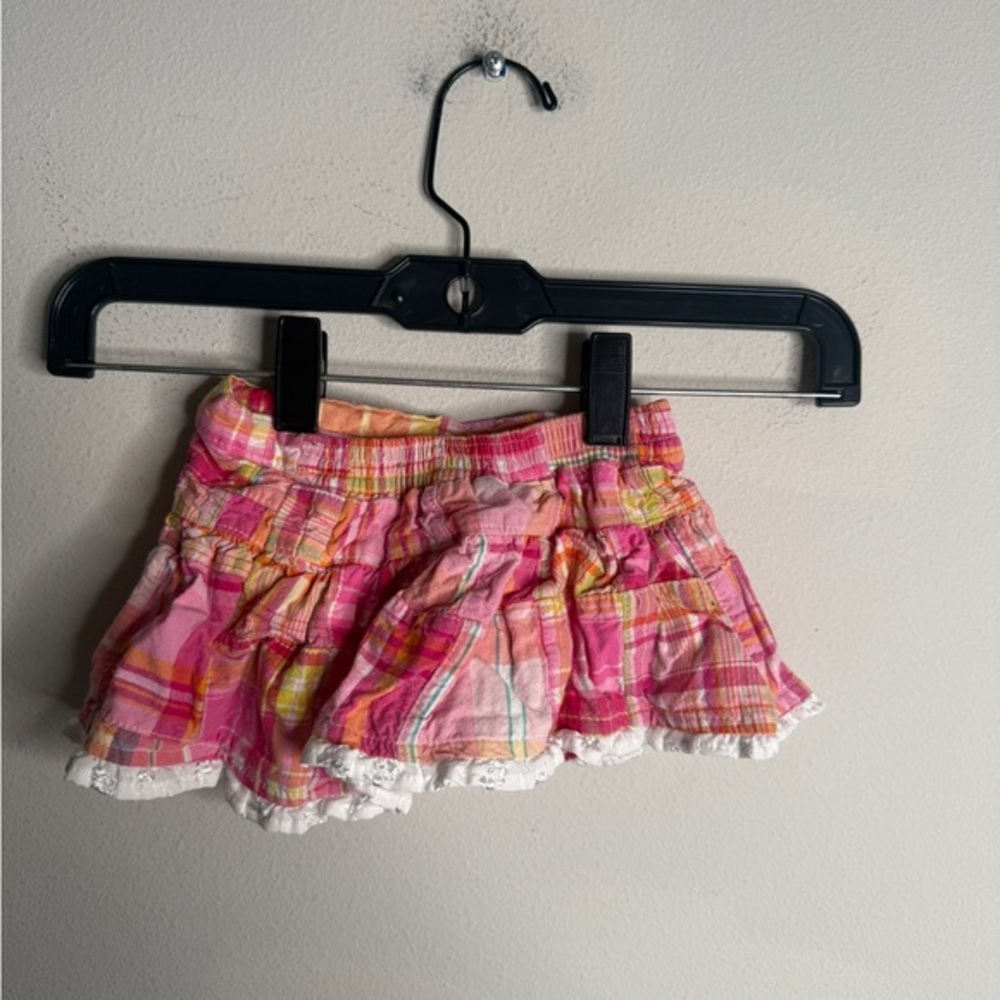 Vintage Girls‎ Plaid Skirt Ruffle Hem Pink Yellow Orange Casual Cute